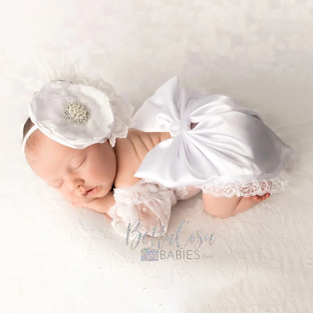 Newborn Baby Girl Lace Ruffled Romper Oversized Satin Bow Rhinestone Headband Infant Photography Outfit Newborn Photo Clothes