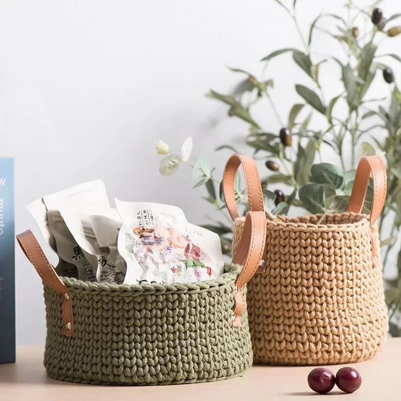 

Hand-woven Knitted Storage Basket Cosmetics, Toy Storage Home Leather Handle Portable Storage Basket Creative Flower Basket