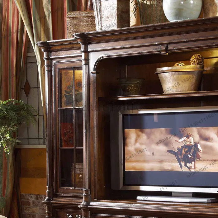 American classical distressed TV cabinet home European style solid wood combination background wall cabinet