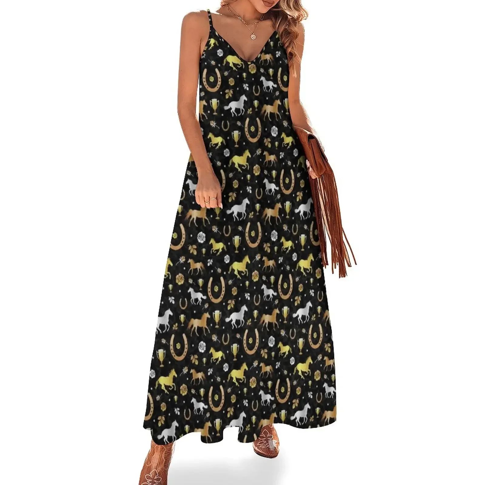 

Horse Racing Derby Day Party Black Gold Pattern Sleeveless Dress women's clothing korea stylish Dress