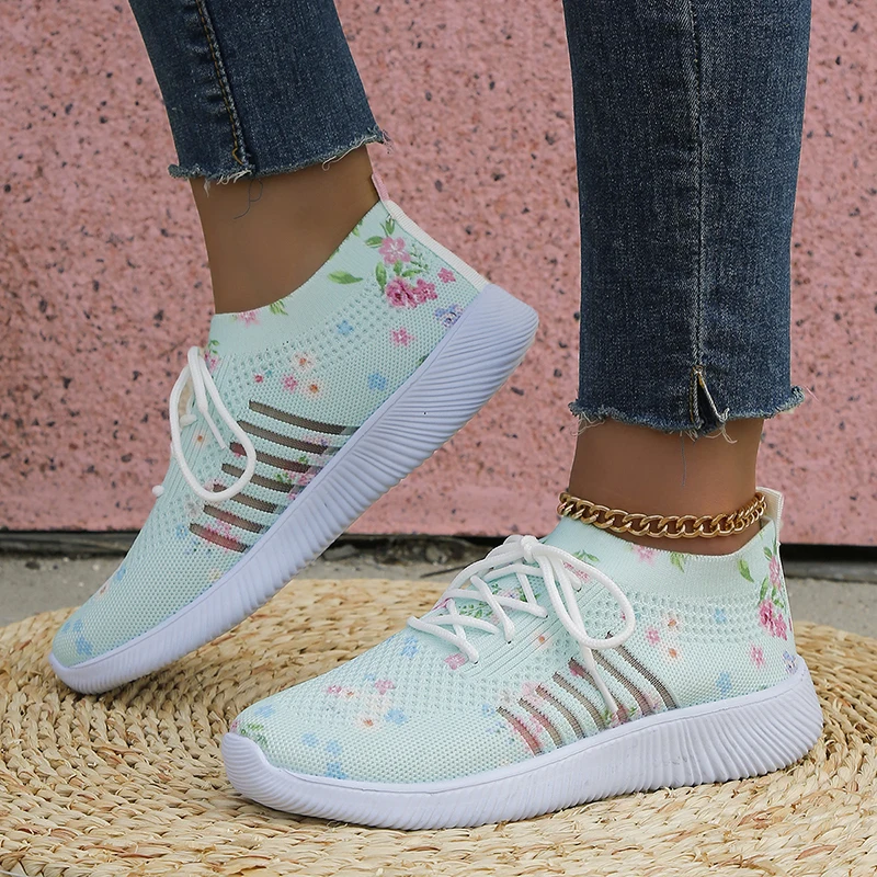 Rimocy Fashion Printed Knitted Sneakers Women 2024 New Lightweight Breathable Flats Woman Lace-Up Non-Slip Ladies Sports Shoes