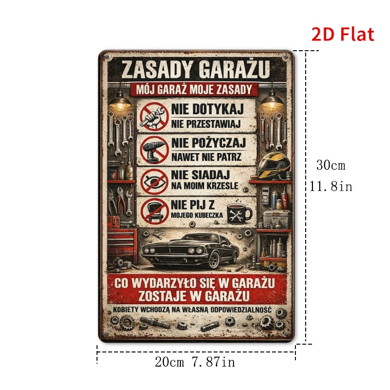 Polish Garage Rules  Sign Plate - My Garage My Rules for Man Cave Garage Workspace Decor, 2D Flat