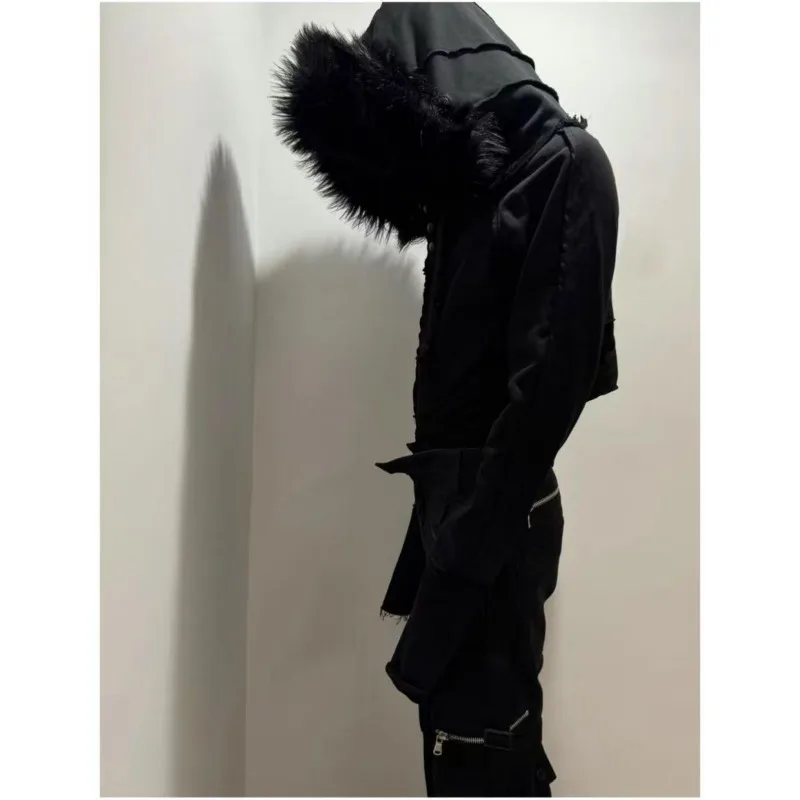 American Y2K Vintage Fox Collar Hoodies Punk Subculture Black Long-sleeved Hoodie Jacket Women's Harajuku Slimming Short Tops