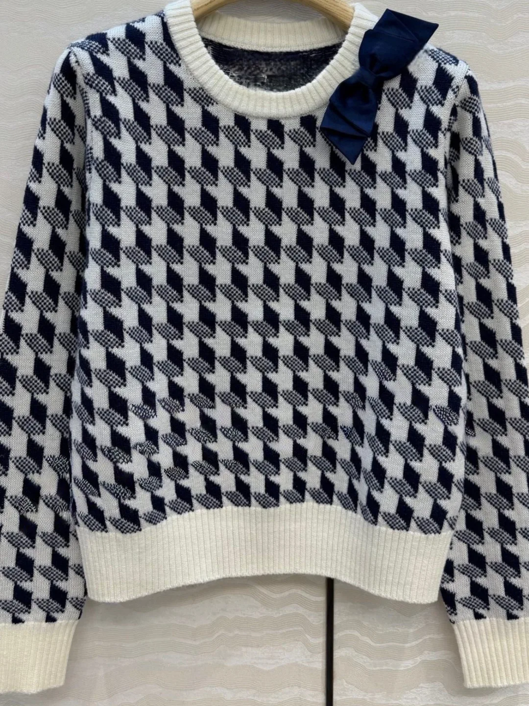 

Blue Woolen Knitted Sweater with Prince of Ws Pattern Long Sve round Ne Casual Spring New Sle Y65 Lady's Faion