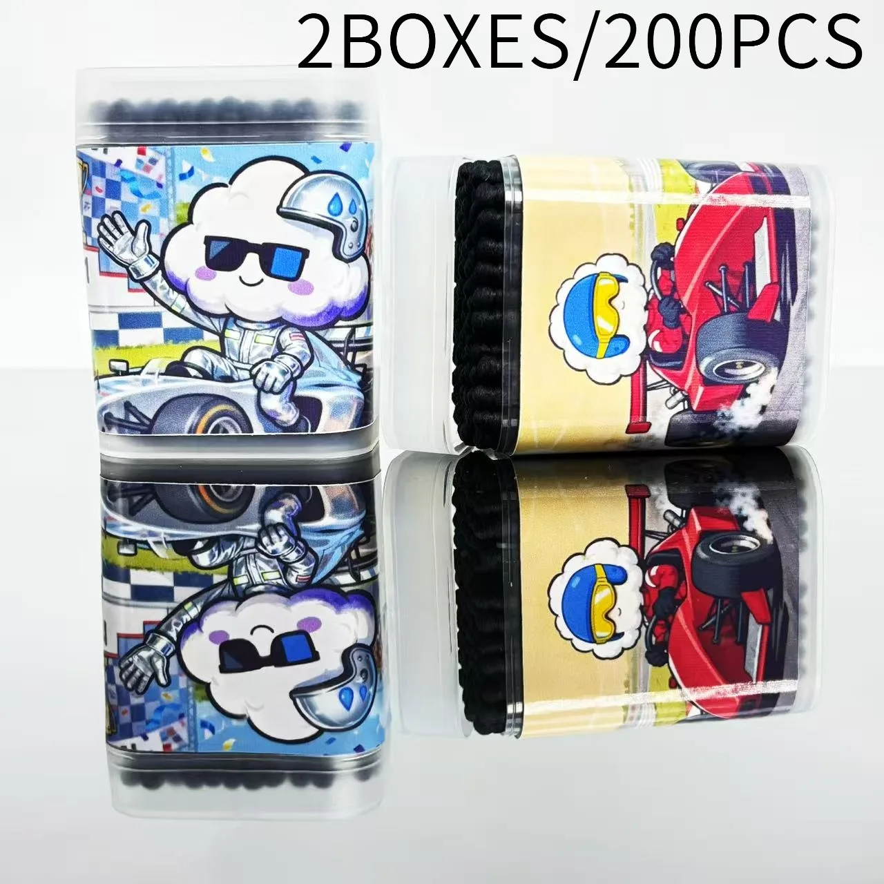 200개 레이싱 테마 양면 검정 면봉, 창의적인 나선형 라운드 경쟁 레이싱 요소 면봉 스틱