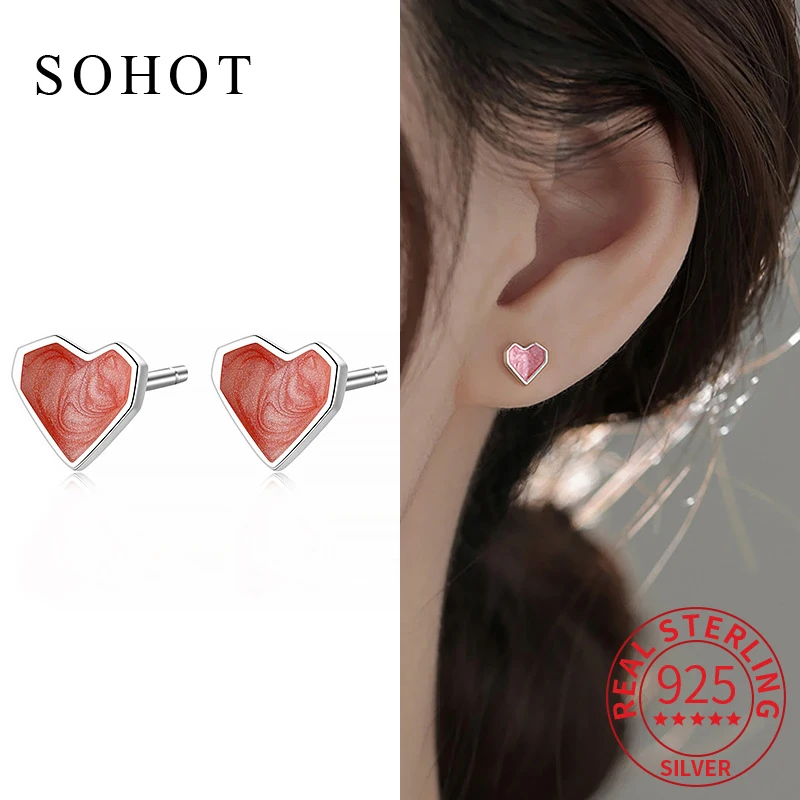 

Real 925 Sterling Silver Personality Enamel Heart Stud Earrings for Charm Women Minimalist Fine Jewelry Light Luxury Accessories