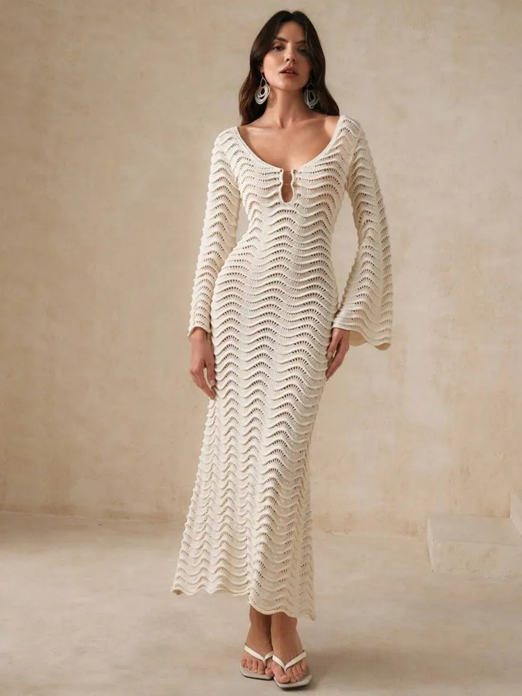 Knitted Cover Up Dress Women Swimsuit Robes Cover-up 2025 Summer New Hollow Out Swimwear Sexy Long Dress Bikini Cover Ups