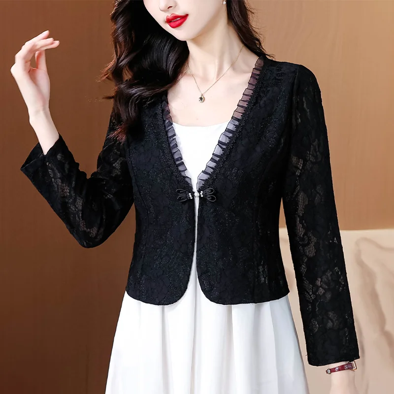 Fashion Slim Lace Short Jacket Women 2024 Long Sleeve V-Neck Black White Cardigan Women Jacket Coat Women Jackets Clothes D105