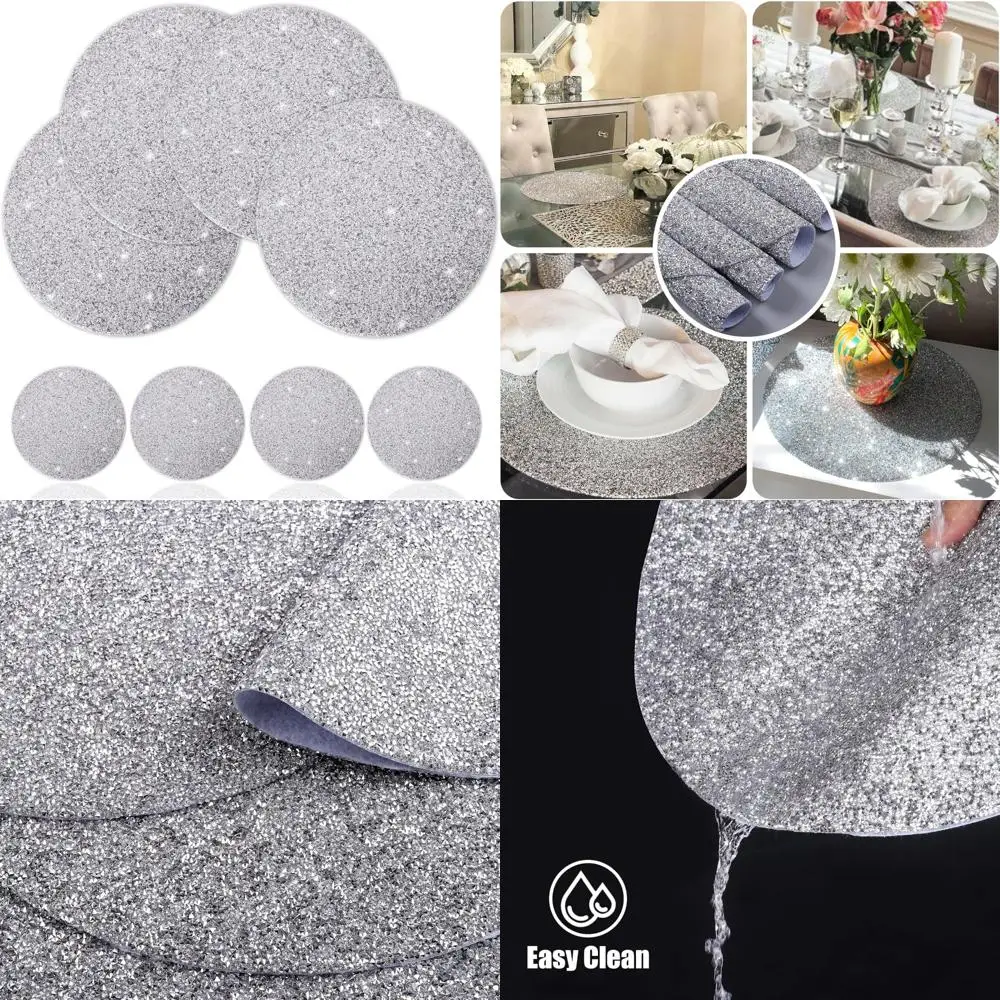

Silver Set of 4 Round Placemats & 4 Pieces Coasters Set Washable Heat Resistant Table Mats for Halloween Fall Christmas Kitchen