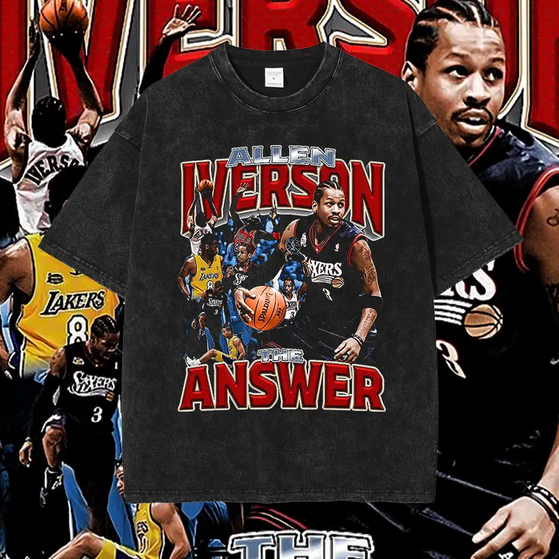 Allen Iverson T Shirt Basketball Players AI The Answer Vintage Washed Top Tee Hip Hop Short Sleeve Oversized T-shirt 100% Cotton