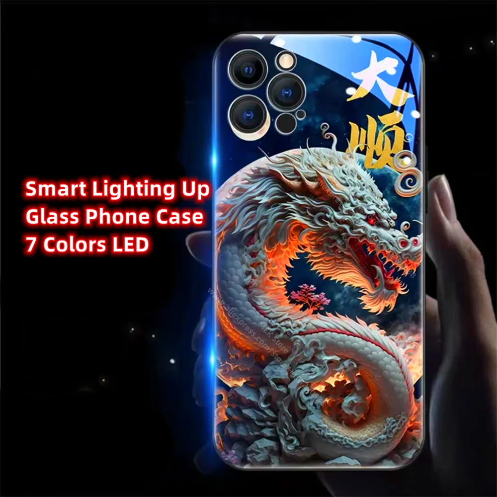 

Best Wishes Dragon Design Smart LED Light Glow Tempered Glass Phone Case For iPhone 16 15 14 13 12 11 Pro Max XR XS Plus SE2020