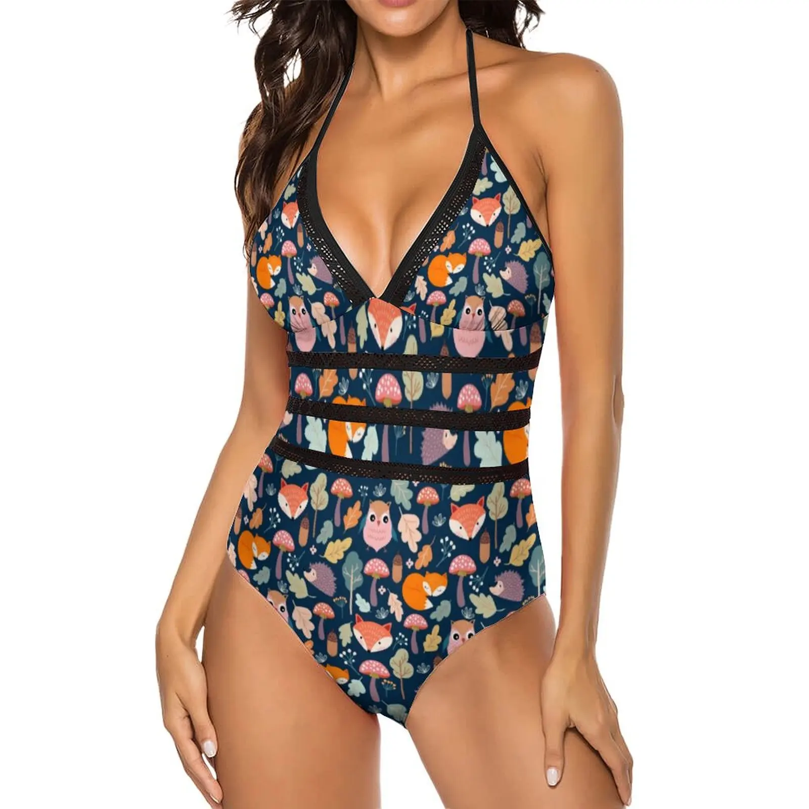 Cute Fox Print Swimsuit Sexy Wild Animal Mush Floral One-Piece Swimwear Women Push Up Swimsuits Stylish Deep V Bathing Suits