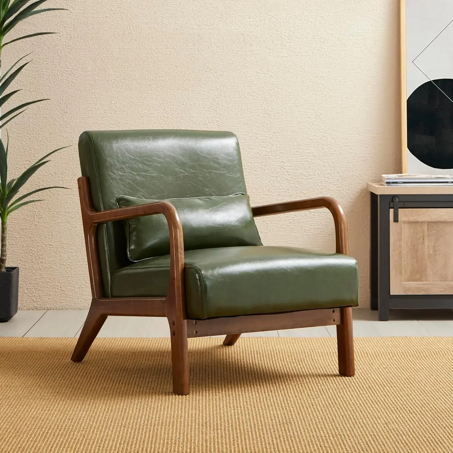 

Mid Century Hunter Green Accent Armchair Single Reading Armchair PU Leather Lounge Chair Walnut Ruberwood Frame