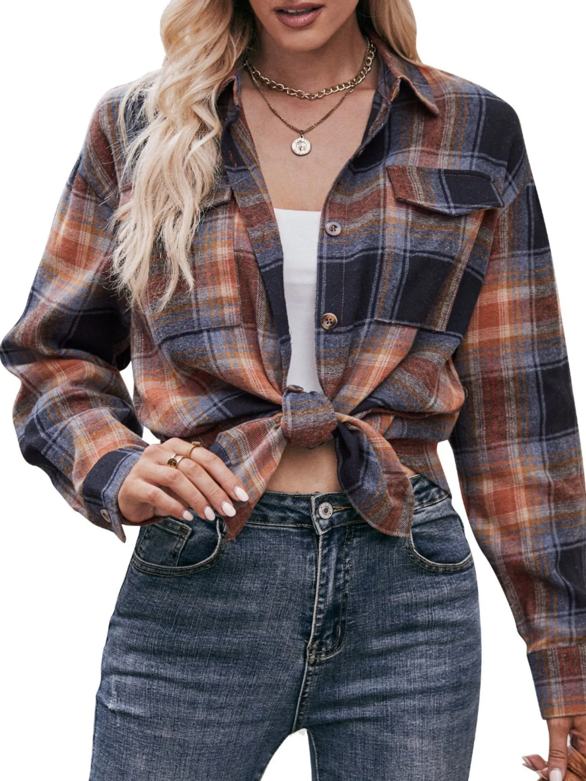 Faionable Plaid Long Sve irt femmes coupe droite Polyester col chaud longueur régulière imprimé Cardigan ouvert