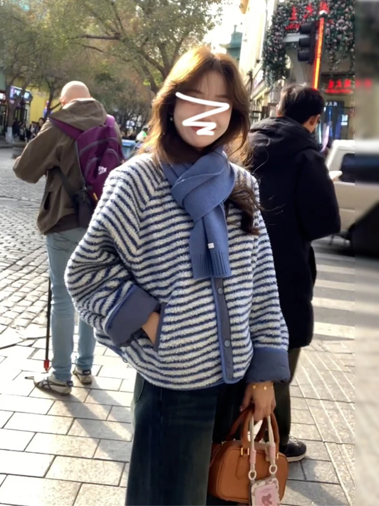 معطف نسائي كوري من فرو الخروف الممشط للخريف والشتاء، سترة علوية زرقاء مخططة، معطف أنيق فضفاض وطويل