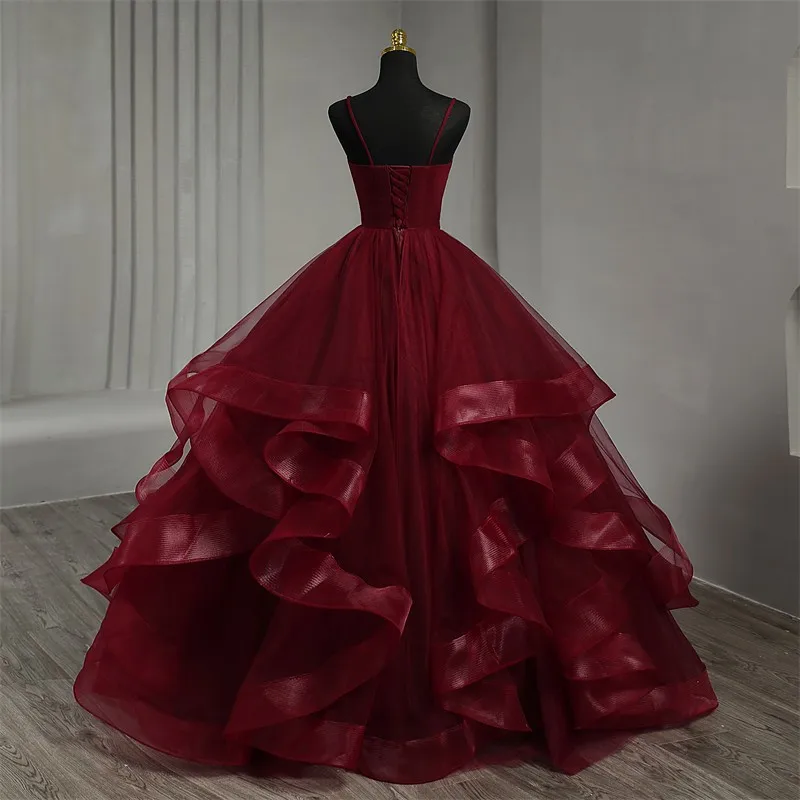 Fashion Calssic Spaghetti Strap V-neck Boho Quinceanera Dresses Dark Red Sleeveless Simple Party for Prom Dress Sweet Ball Gown