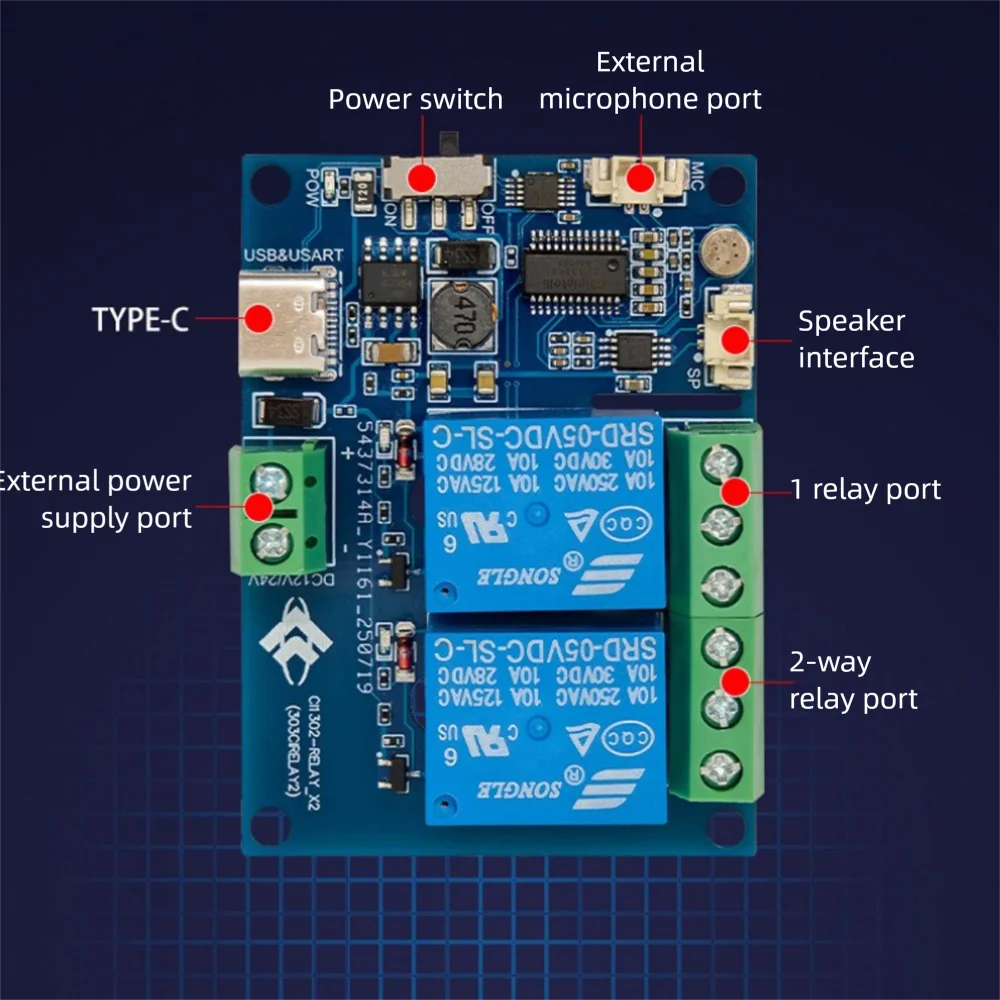 Dual-channel AI Voice Relay Module Offline Voice Control Switch Intelligent Remote Control Secondary Development Board Relay
