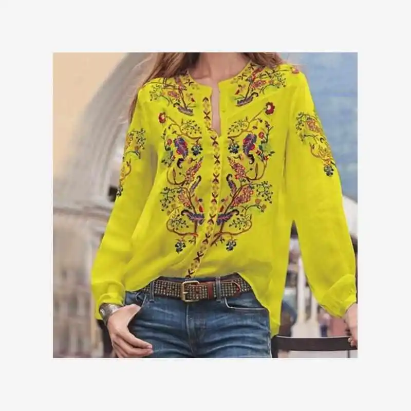 夏プリント長袖レディースシャツ綿ロパムヘール花柄プリントラウンドネックライン薄い生地快適なフィット感カジュアルシャツ