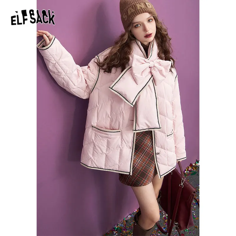 ELFSACK Warm Down Coats Women 2023 Winter Elegant Bow Scarf Jackets