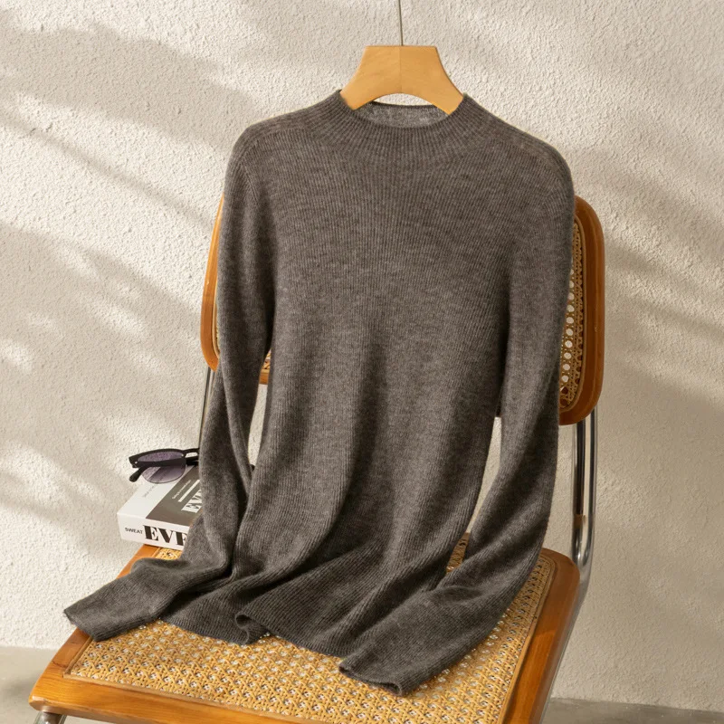 

Бесшовный свитер с воротником из смеси шерсти, тонкий пуловер в рубчик из тонкой вязки, джемпер