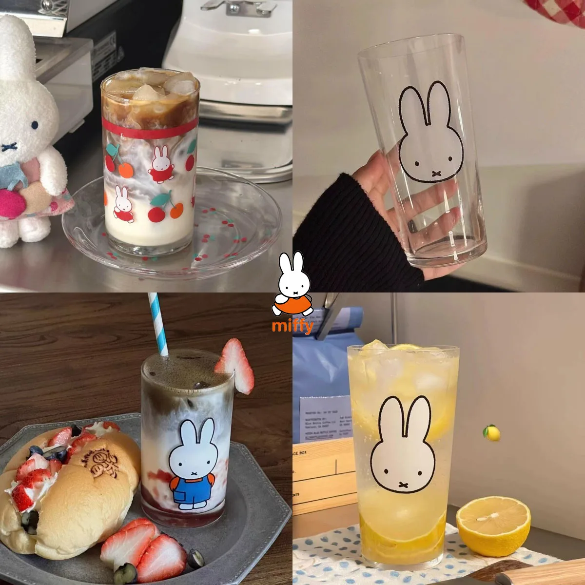 Miffy Kawaii Cartoon Glass Cup Cute Rabbit Anime Summer Big-Bellied Glass Cups Household Breakfast Milk Cup Juice Cup