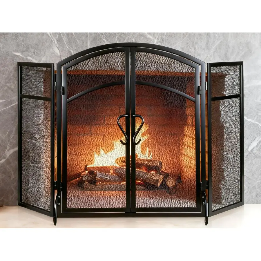 

3-панельный каминный экран с дверцами 51 Вт x 32 H Кованый железный очень большой каминный экран Декоративная решетка пожарной искры для