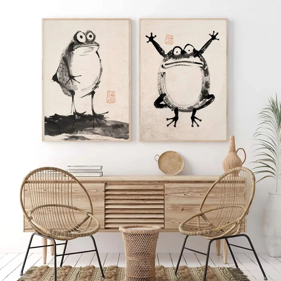 Japanese-Style Sketch Frog Print Poster Retro-Chic Toad Wall Art Frameless Canvas Print Room & Living Room Decor