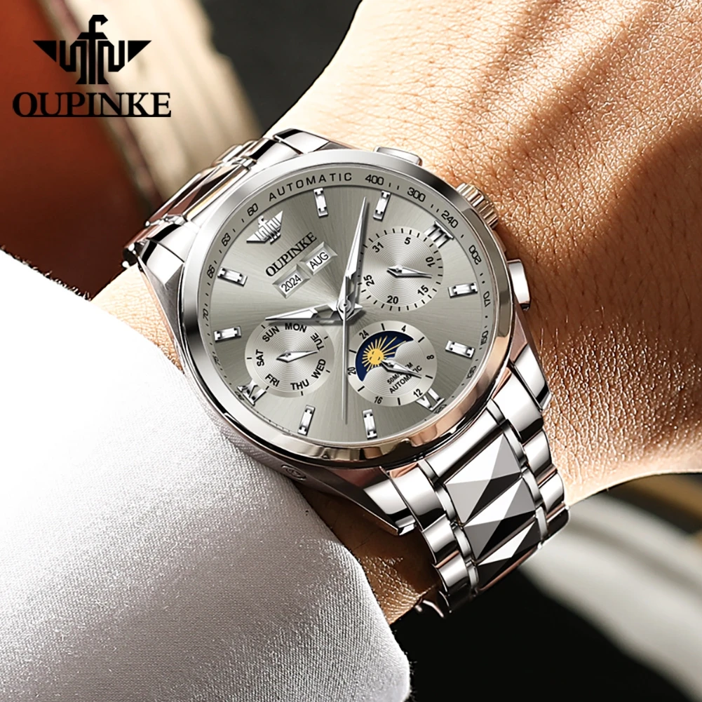 OUPINKE 3201 Multifunctional Men\'s Watches Luxury Classic Automatic Mechanical Wrist Watch Gray Dial Date Week Display Watch