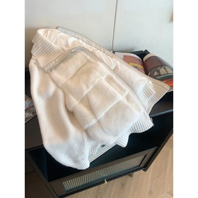 المرأة محبوك سترات معطف تقسم سترة سستة فو فرو منك الصلبة رفض طوق كم طويل فضفاض عادية 2025 الخريف الشتاء #5