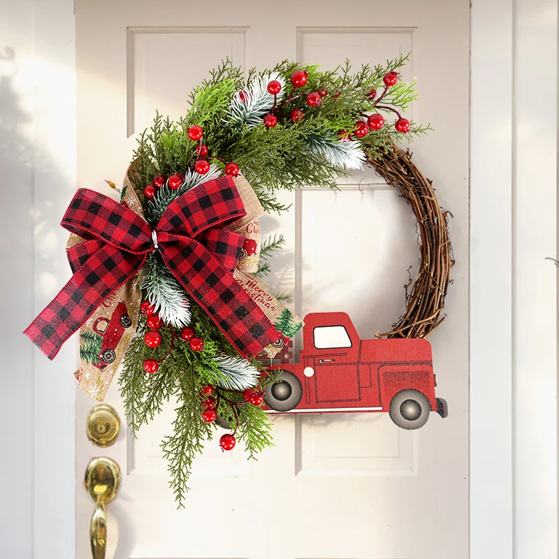 

Christmas Door Hanging Decor Wreath Garland Wooden Car Red Berry Ornament Merry Christmas Decoration Home New Year Gift 2024