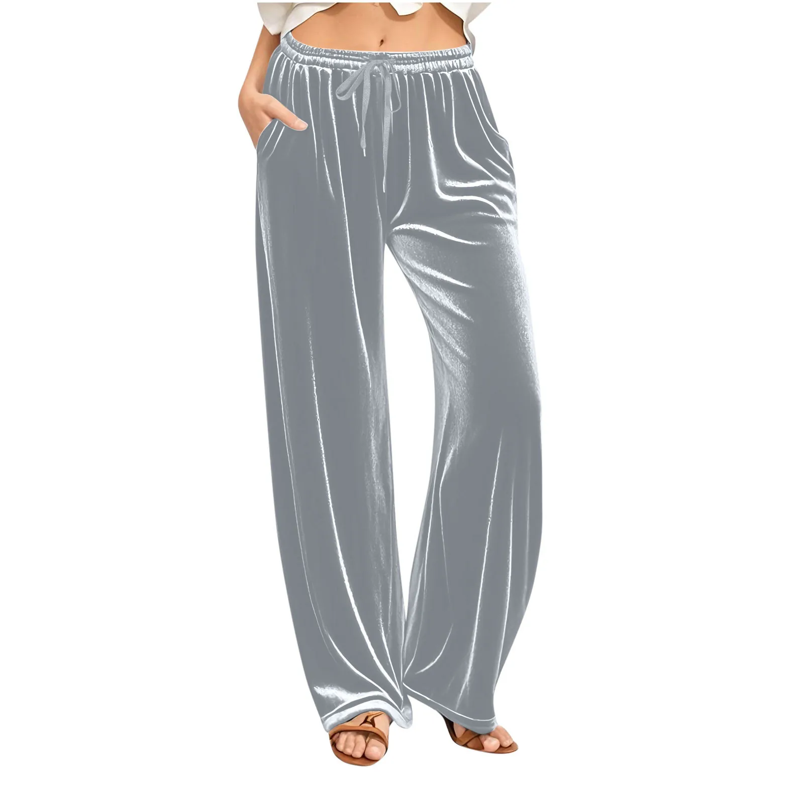 Women's Velvet Wide Leg Pants Casual Runners Drawstring Waist Autumn Collection Cross-Border Independent Station