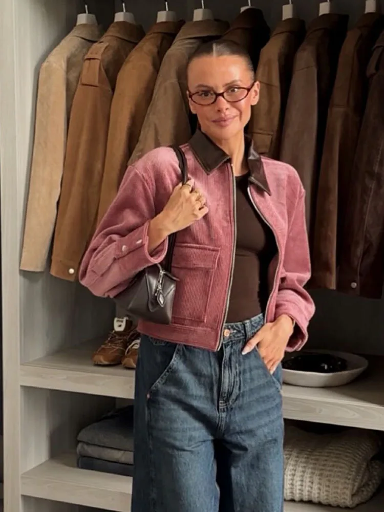 HH Women Fashion Jacket Corduroy Leather Patch Collar Jacket Long Sleeve Casual Pockets Zipper Woman Street Style Short Coat
