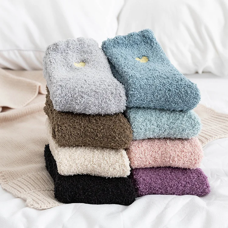 Women Home Indoor Floor Socks Warm Soft Coral Fleece Socks Cute Heart Thick Socks Fuzzy Fluffy Terry Short Socks Female