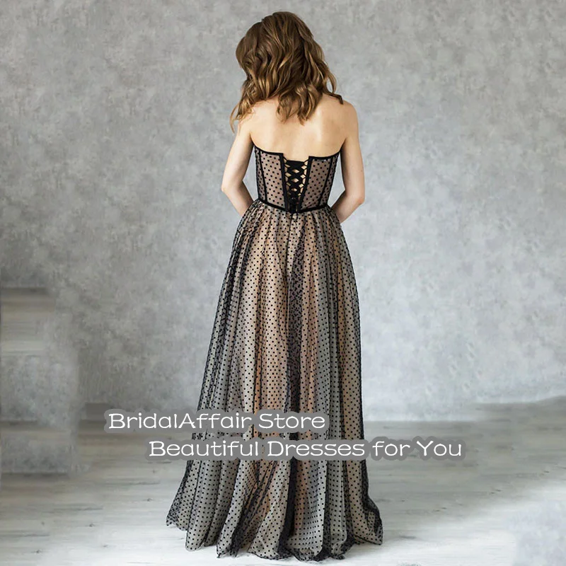 BridalAffair Elegant A Line Sexy Party Gown robes de soirée Long Formal Prom Dress Bohemian Black Polka Dotted Evening Dress