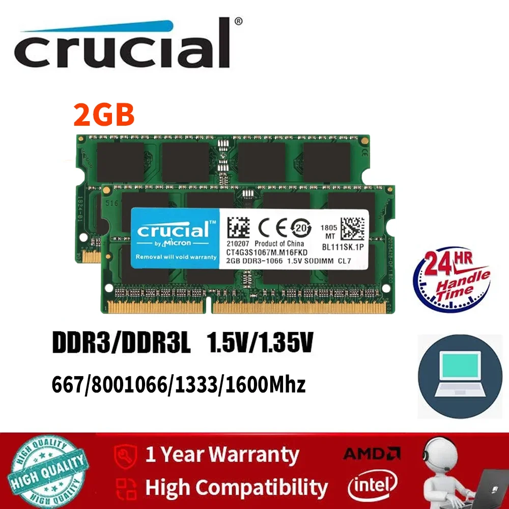 

Оперативная память DDR3 Crucial DDR3L RAM 2 ГБ для ноутбуков 1333 МГц 1600 МГц PC3L 10600S 12800S 204-контактная 1.35В SODIMM