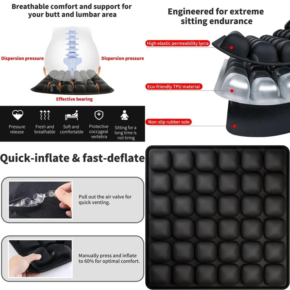 

Ортопедическая подушка для сиденья с 3D-воздушными ячейками и защитой от скольжения - портативный комфорт для офиса, автомобиля и инвалидных колясок (черная)