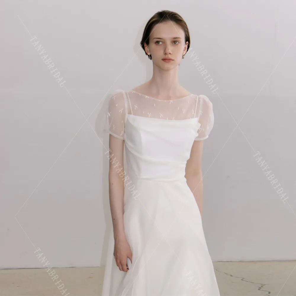 Dreamy Organza Satin Wedding Dress A Line Short Sleeves Lace Up Back Bridal Gown Floor Length Simple Bridal Party Dress G4916