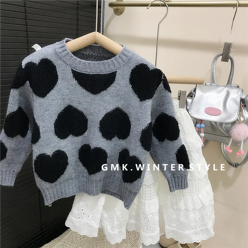 Spring Autumn Children Girl 2PCS Clothes Set Loose Love Print Jacquared Knitwear Outfit Cotton Lace Cake Skirt Little Girl Suits