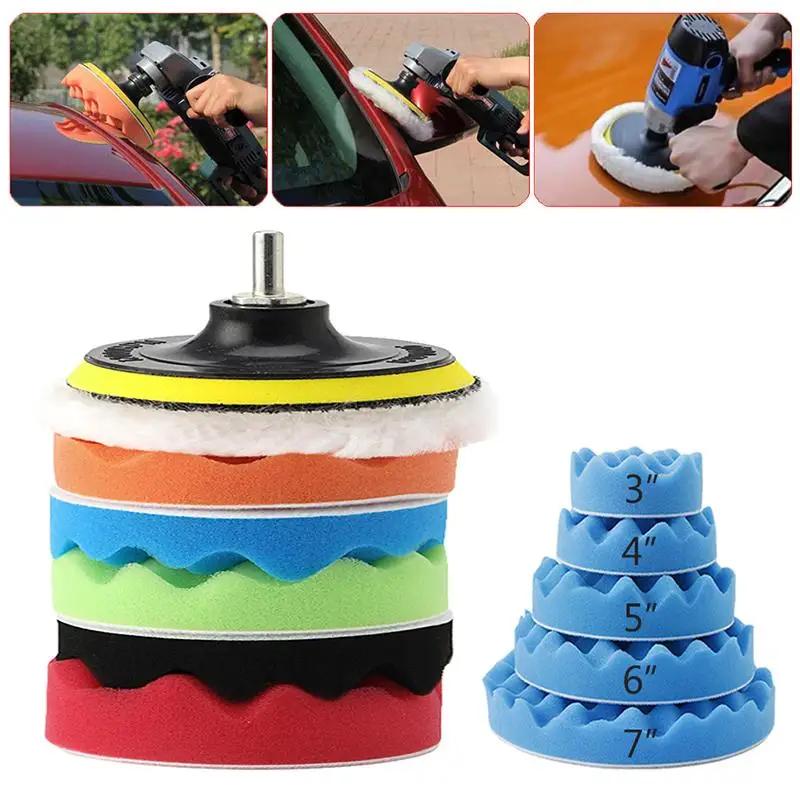 

New 7Pc 3/4/5/6/7'' Car Polisher Polishing Waxing Buffing Woolen&Sponge Pads