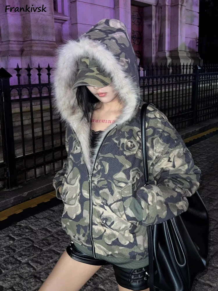 Camouflage Hooded Parkas Women American Retro Cool Girls Warm Plus Velvet Thicker Winter Outerwear Couples Streetwear Fashion