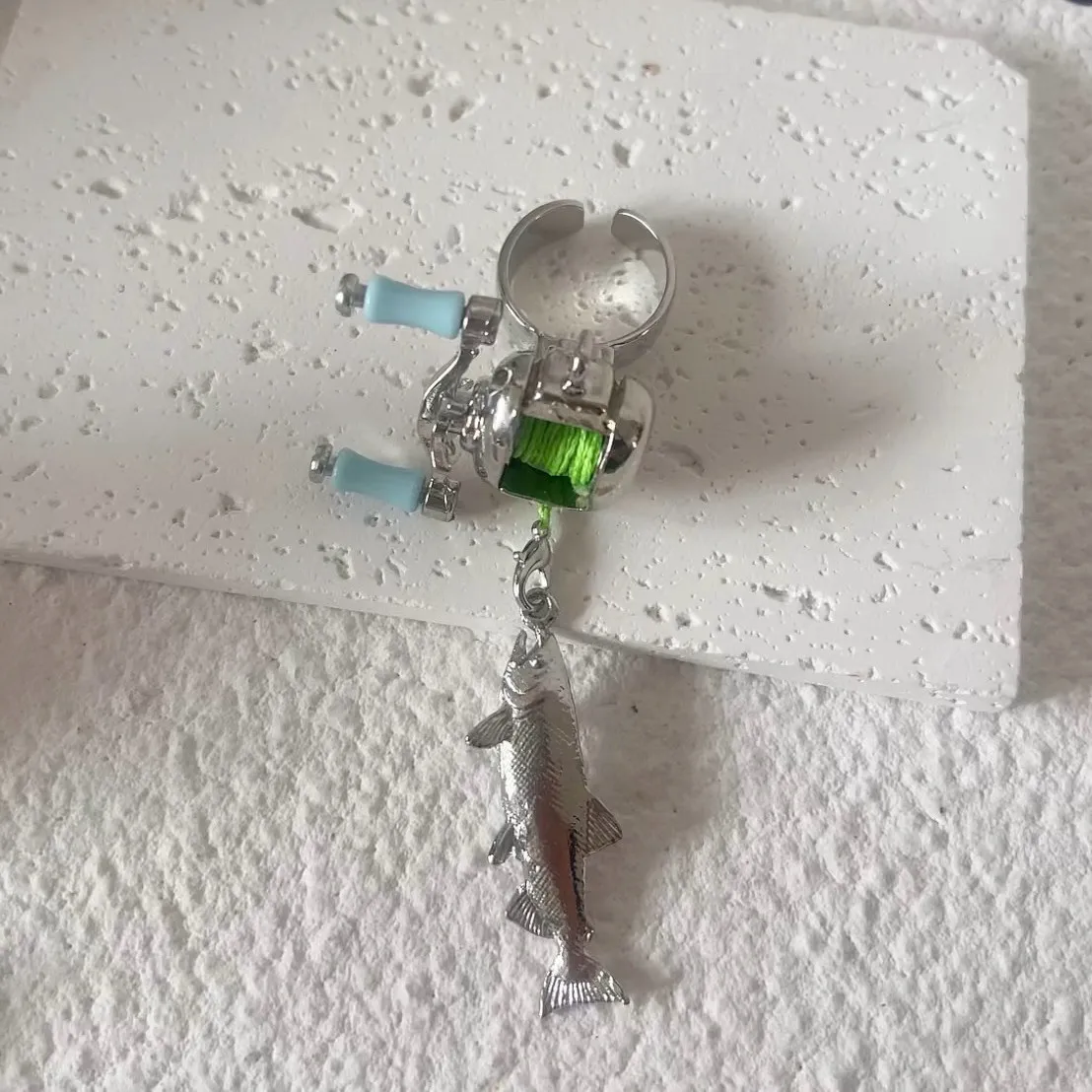 Mini-Angelrollen-Anhänger-Halskette, kreatives Angelrad-Halsketten-Ring-Set, modischer Sport-Schmuck, Accessoires für Männer und Frauen – Detail 5