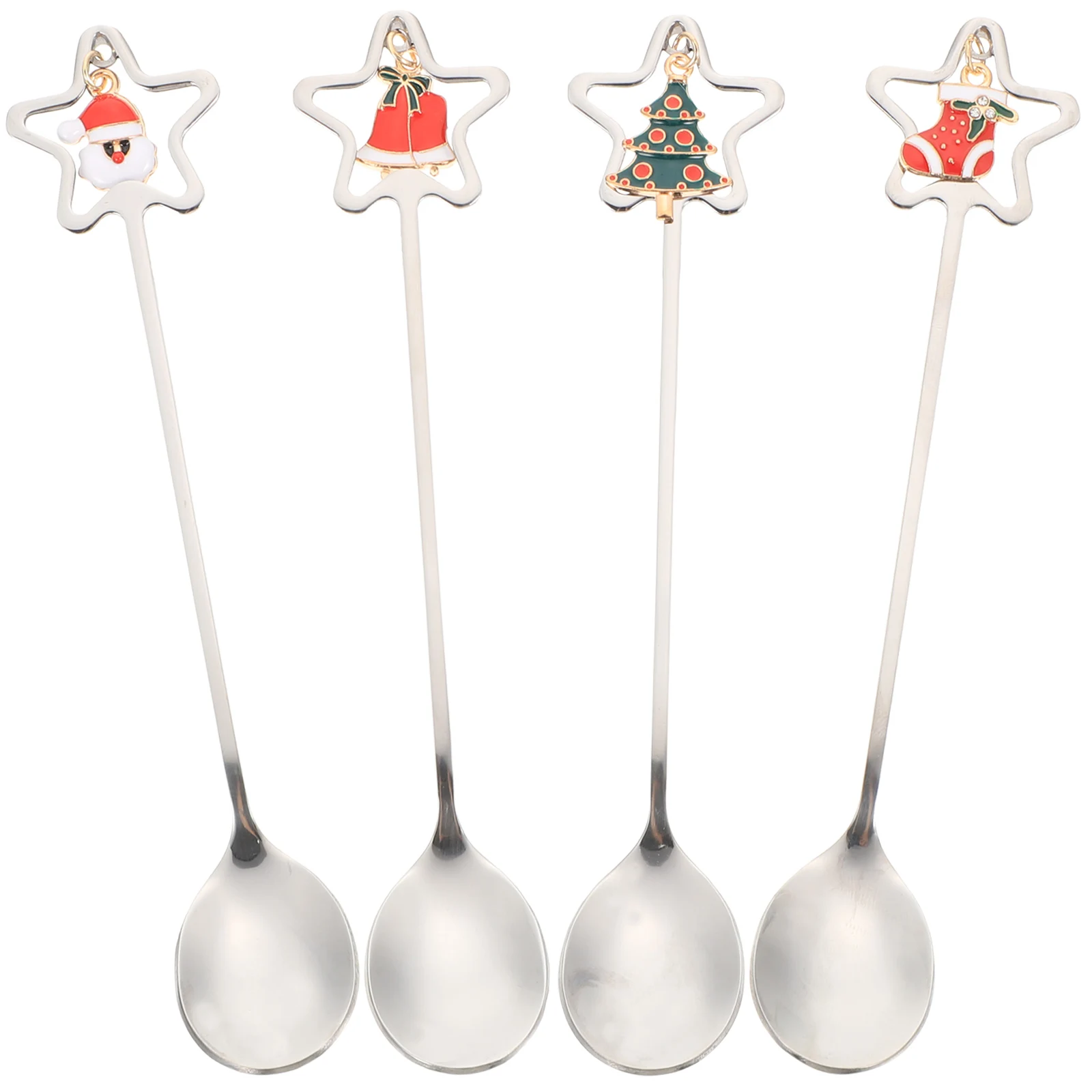 

4 Pcs Stainless Spoons Christmas Cutlery Set Mixing Serving Holiday Dessert Gifts Long Handle Beverages Home Use