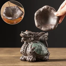 Dragon Turtle Tea Pets Statues with Tea Strainers Ceramic Home Decor Figurine Purple Clay Funny Teaware Infuser Accessories