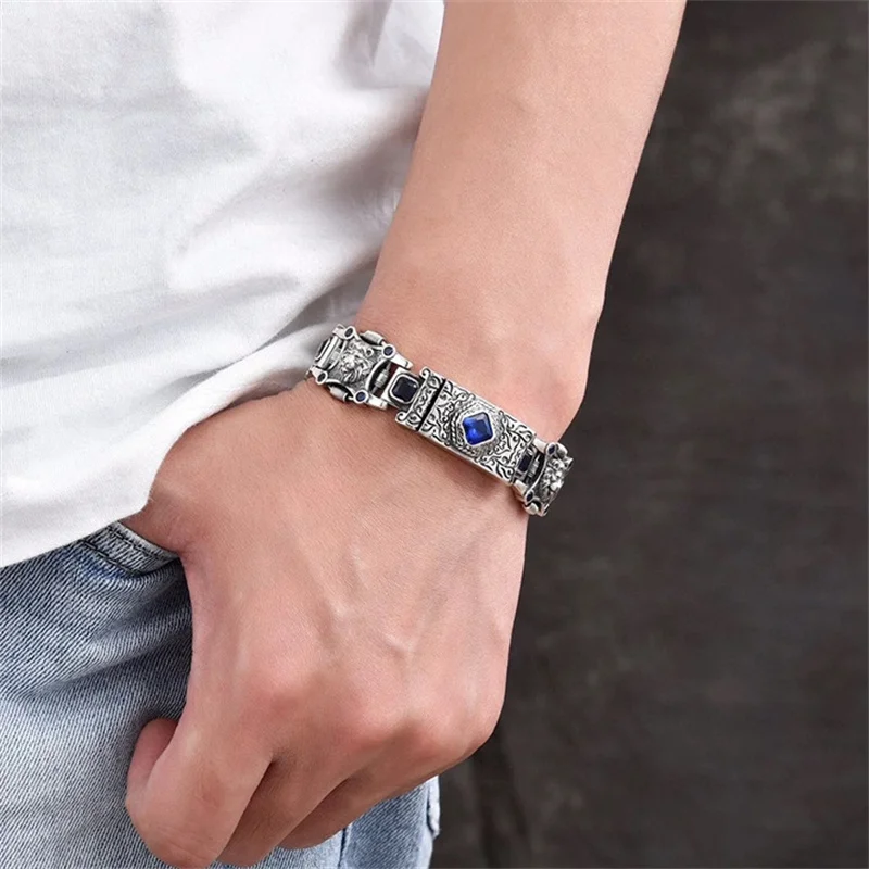 

Domineering Lion Head Bracelet For Men Jewelry Trendy Crystal Square Wide Bracelet Male Hand Accessories 18 20 22cm