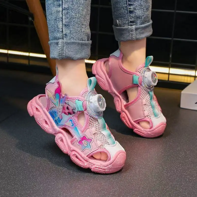 

Summer Baby Girls Sandal Cartoon Frozen Elsa Print LED Light Princess Shoes Children Kids Rotating Button Soft Sport Beach Shoes