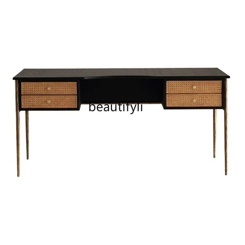 

Nordic Retro Desk High-End Desk Mid-Ancient Style Design Rattan Iron Writing Desk Computer Desk living room furniture