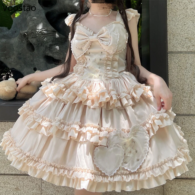 Vestido de princesa Jsk Lolita gótica japonesa para mujer, Vintage, Kawaii, lazo, volantes, corazón, vestido antideslizante, dulce Y2k Punk, vestidos de fiesta para niñas