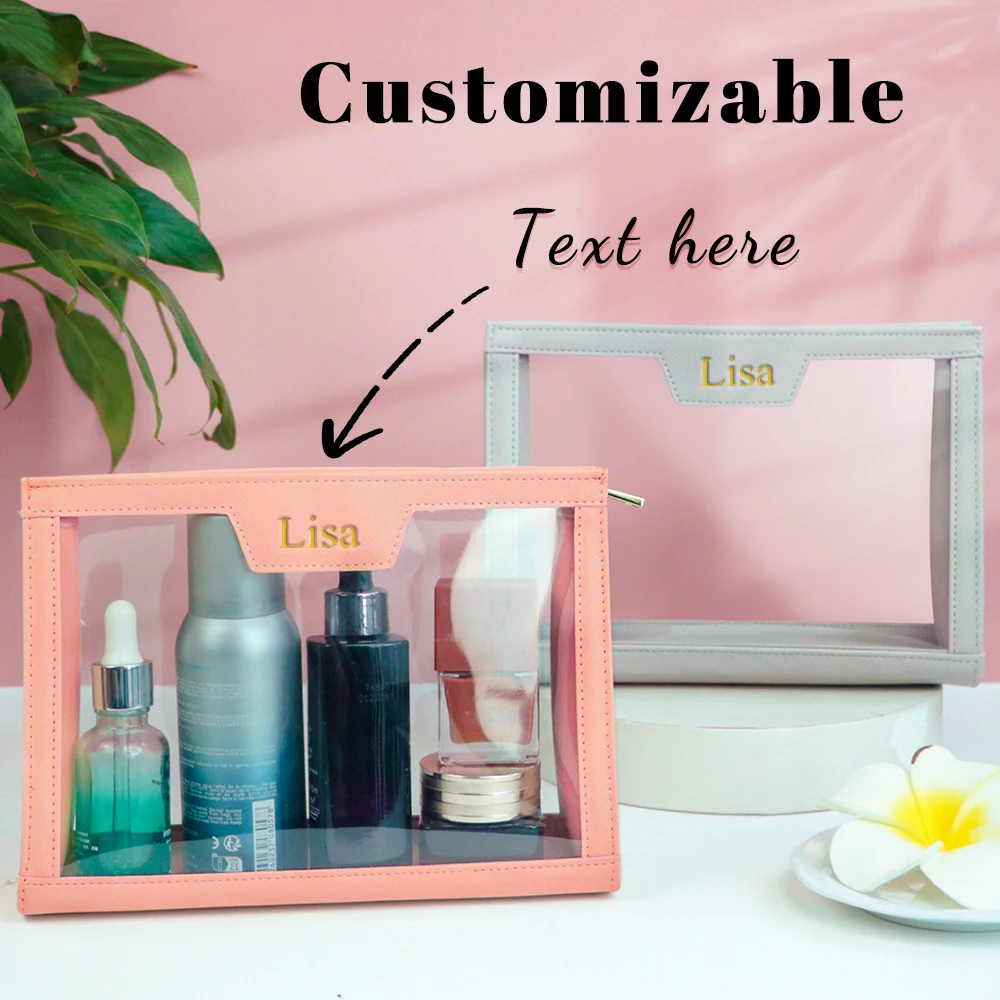 حقيبة تخزين للعناية بالبشرة ذات اسم مخصص، جلد PVC مقسم، حقيبة مكياج مقاومة للماء ذات سعة كبيرة للسفر، حقيبة أدوات الزينة