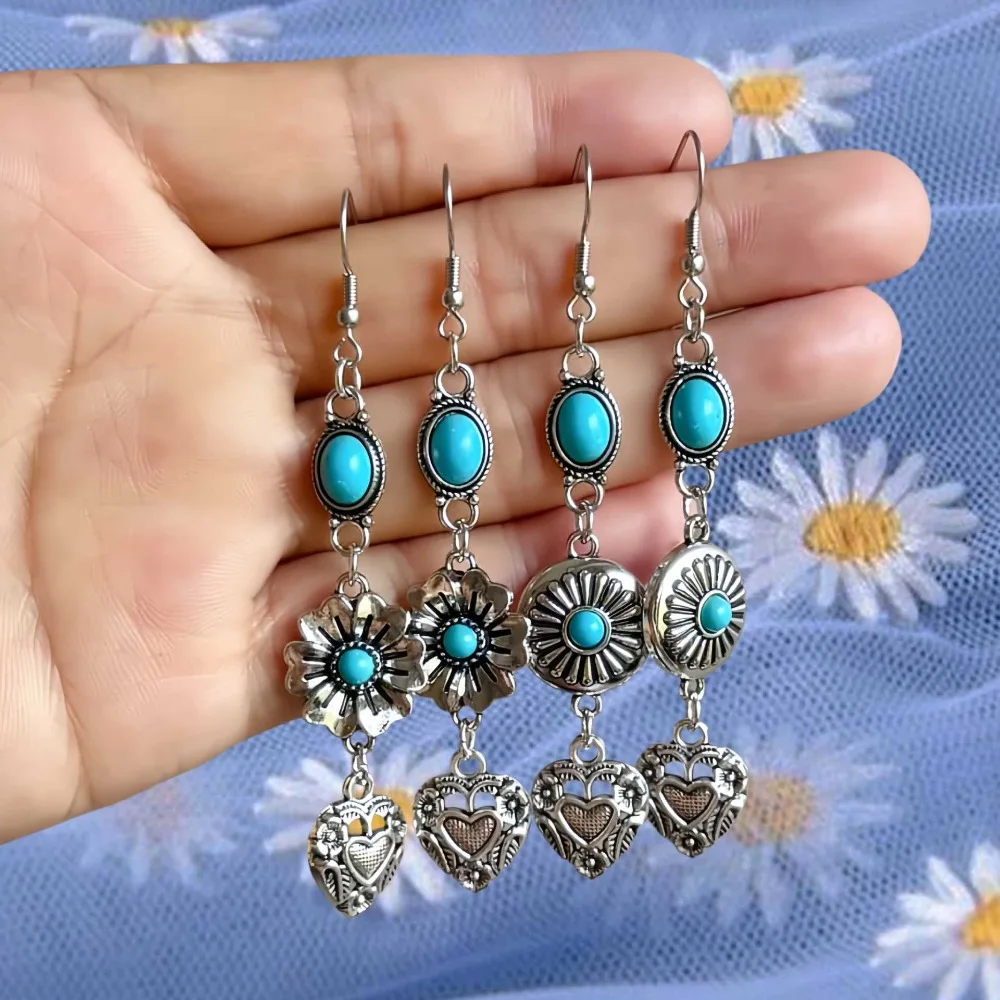 Bohemia Turquoise Sunflower Stereo Relief Heart Shape Dangle Earrings for Women Vintage Ancient Silver Western Cowgirl Jewelry