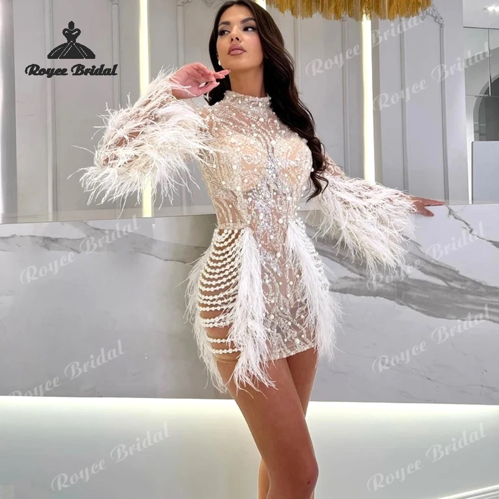 Elegant Feather Sequin Mini Wedding Dresses 2027 Pearls Knee Length Homecoming Bridal Gown Customized vestido de novia